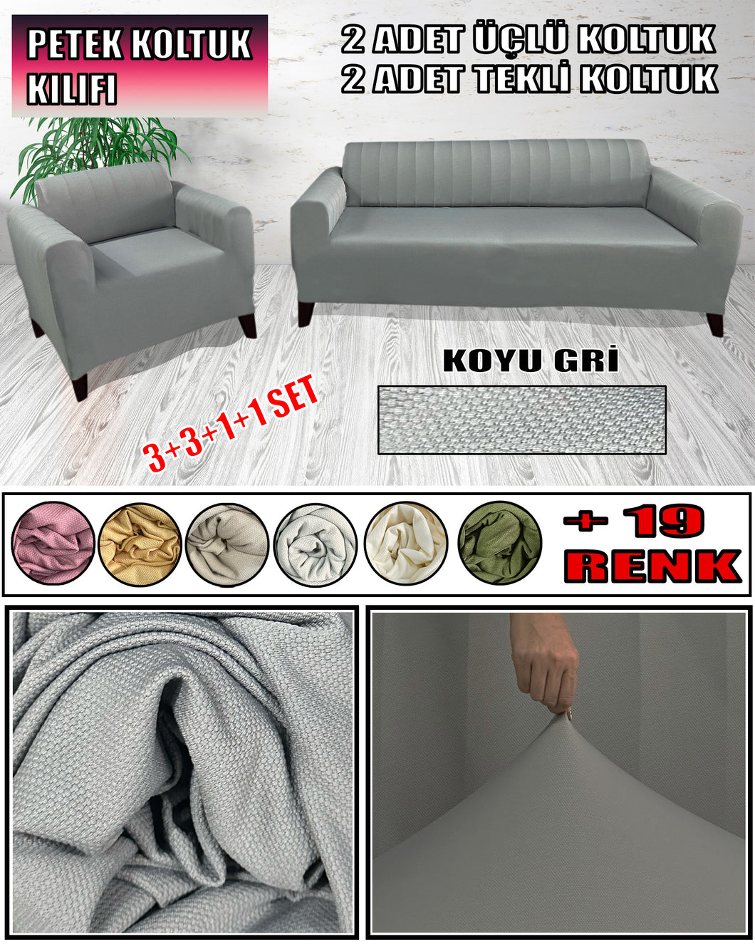 Mikro Petek Kumaş Koyu Gri 3+3+1+1 Set  Komple Giydirme Kanepe & Çekyat, Bohem, vb Model Koltuk Kılıfları