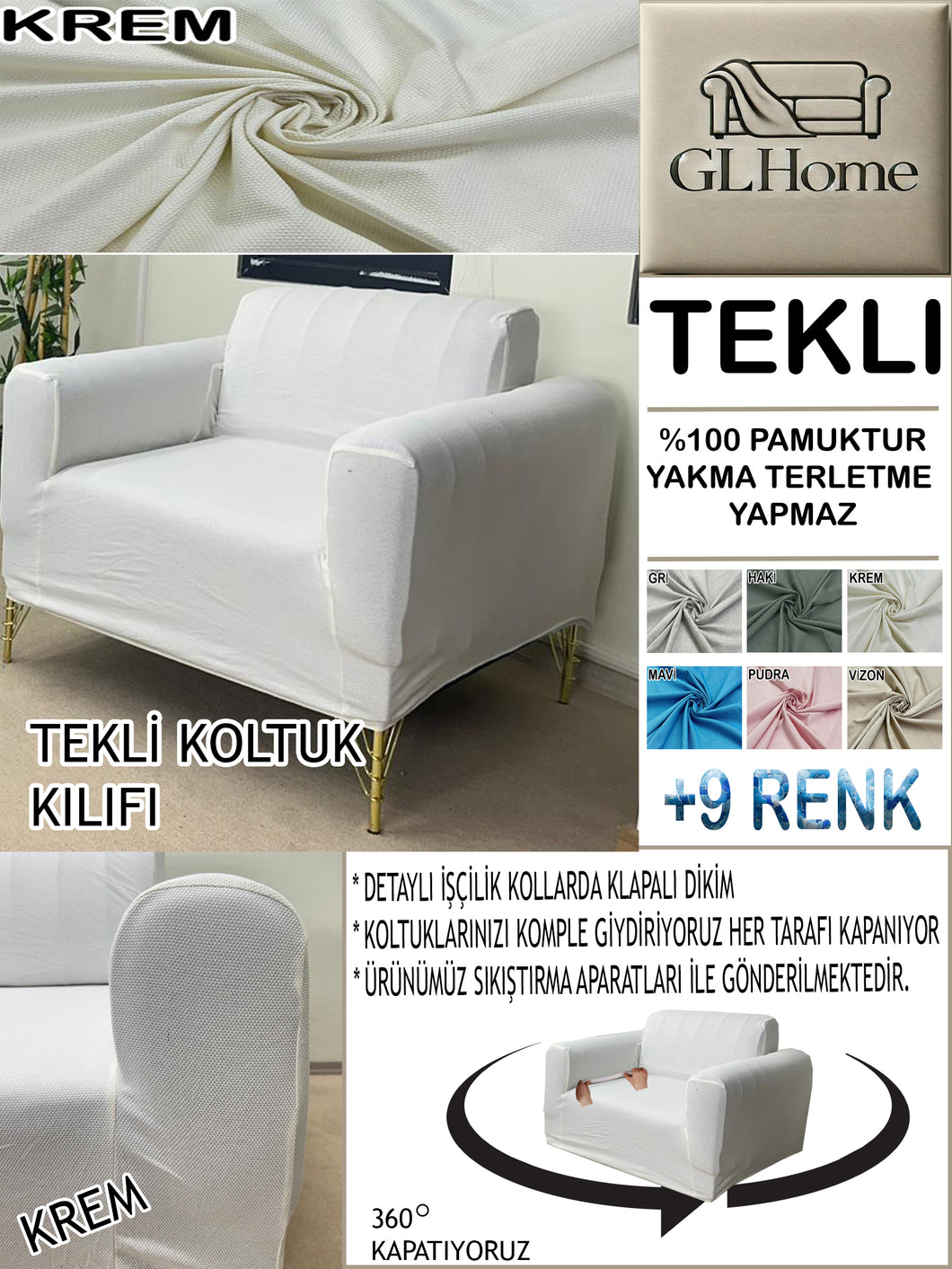 %100 Pamuk Petek Kumaş Krem Tekli  Komple Giydirme Tekli & Berjer, Bohem, Porto vb Model Koltuk Kılıfları
