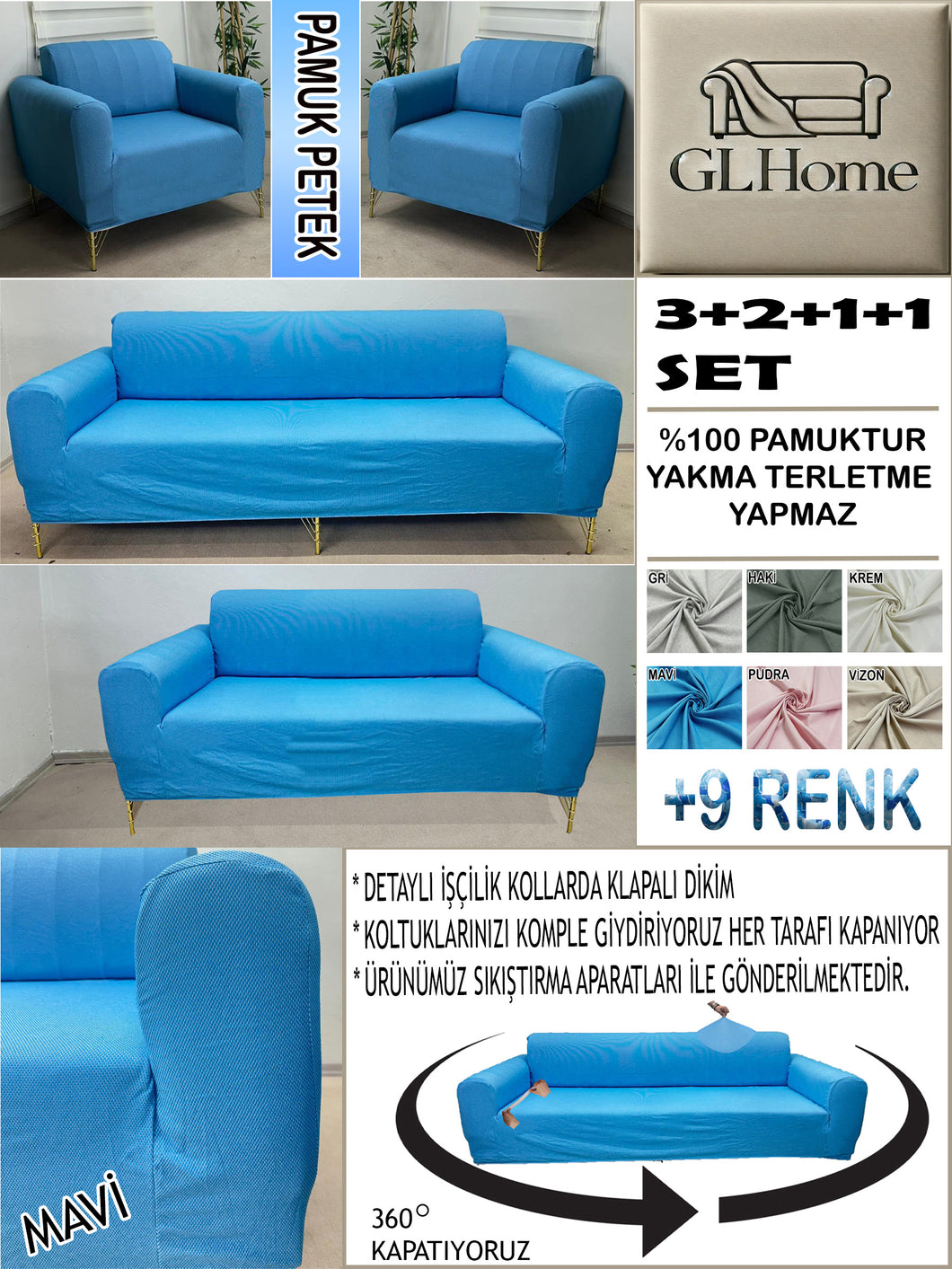 %100 Pamuk Petek Kumaş Mavi 3+2+1+1 Set Komple Giydirme Kanepe&Çekyat, Bohem, vb Model Koltuk Kılıfları