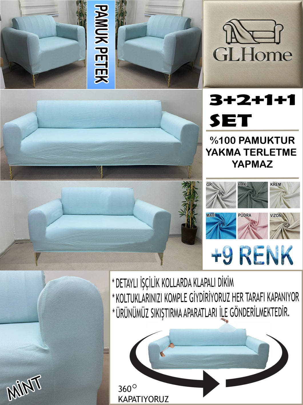 %100 Pamuk Petek Kumaş Mint 3+2+1+1 Set Komple Giydirme Kanepe&Çekyat, Bohem, vb Model Koltuk Kılıfları