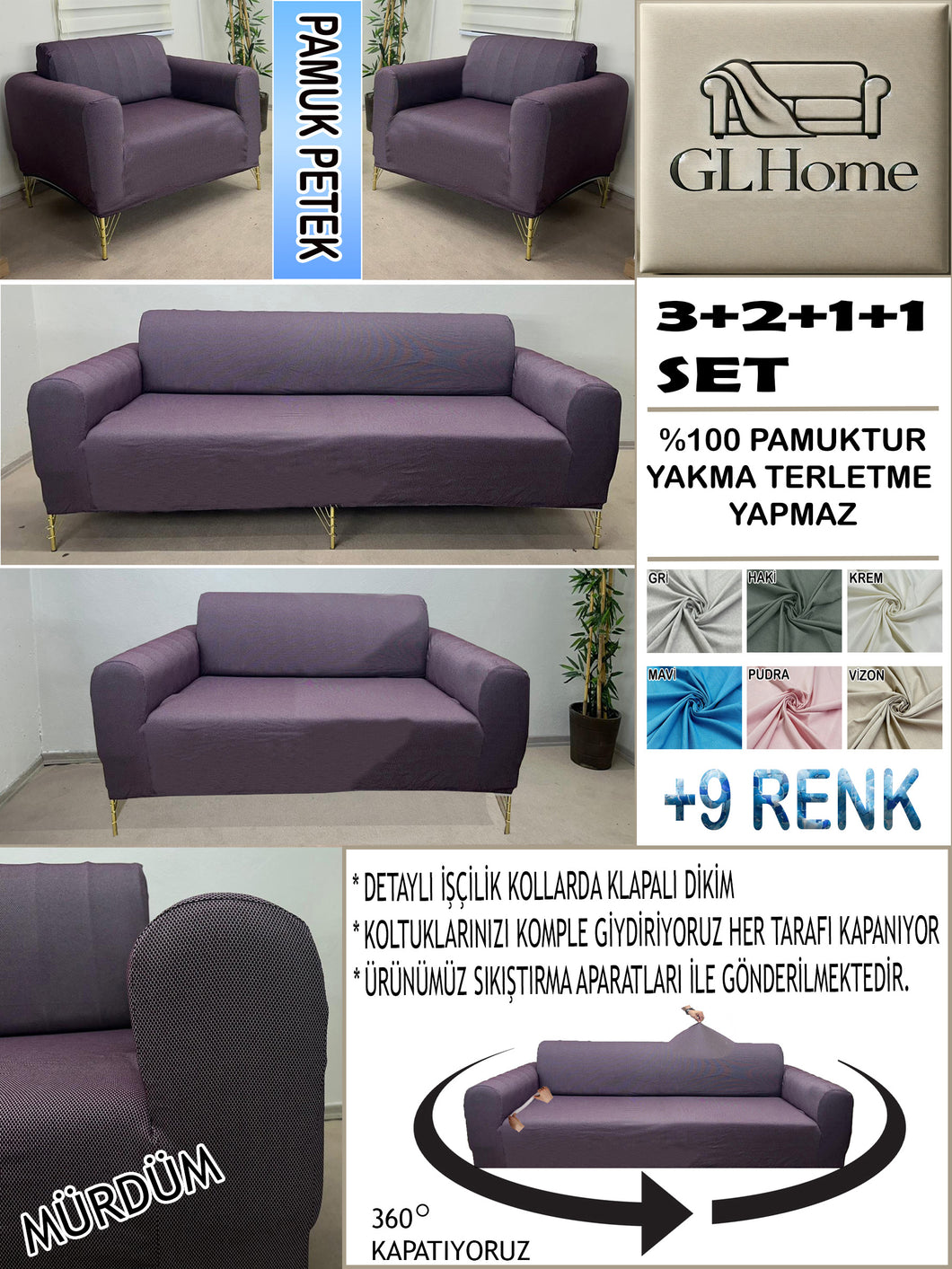 %100 Pamuk Petek Kumaş Mürdüm 3+2+1+1 Set Komple Giydirme Kanepe&Çekyat, Bohem, vb Model Koltuk Kılıfları