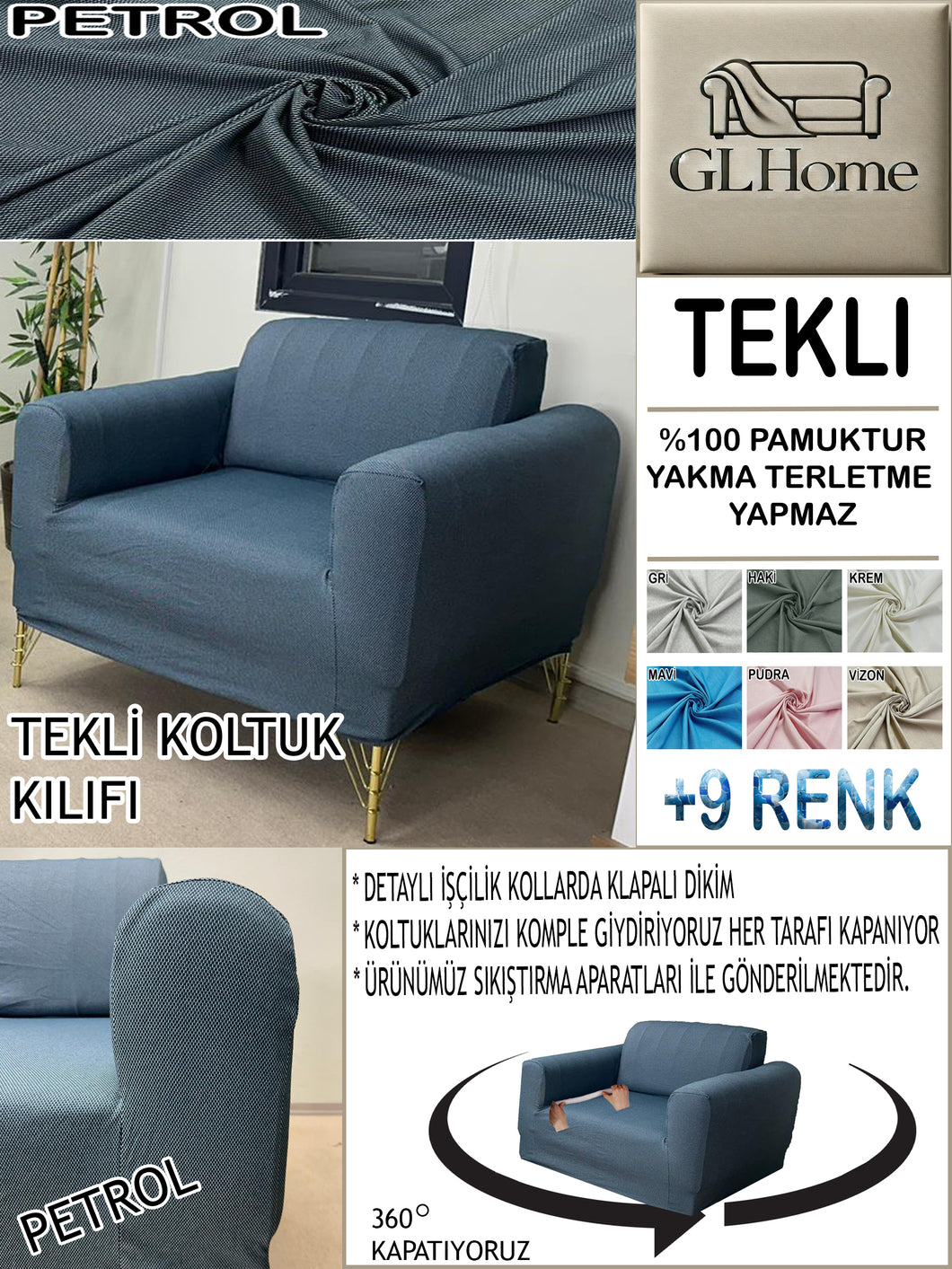 %100 Pamuk Petek Kumaş Petrol Tekli  Komple Giydirme Tekli & Berjer, Bohem, Porto vb Model Koltuk Kılıfları