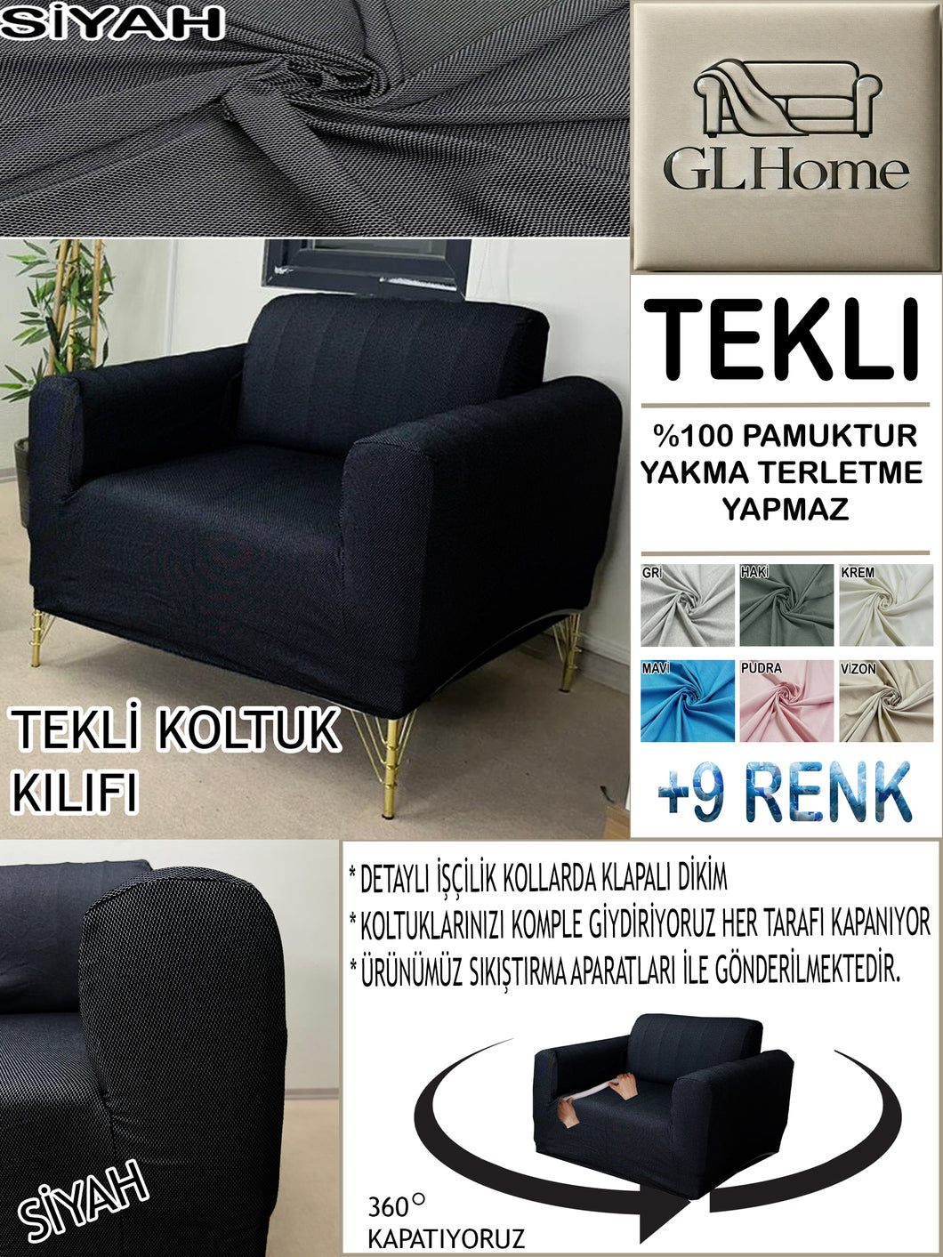 %100 Pamuk Petek Kumaş Siyah Tekli  Komple Giydirme Tekli & Berjer, Bohem, Porto vb Model Koltuk Kılıfları
