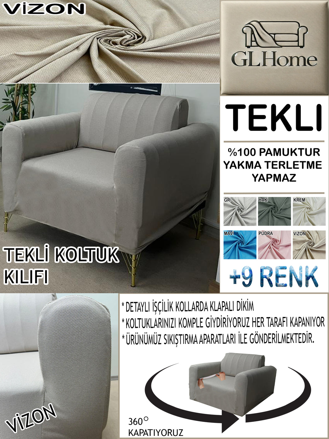 %100 Pamuk Petek Kumaş Vizon Tekli  Komple Giydirme Tekli & Berjer, Bohem, Porto vb Model Koltuk Kılıfları