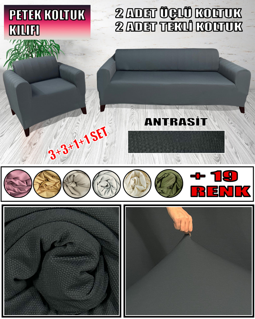 Mikro Petek Kumaş Antrasit 3+3+1+1 Set  Komple Giydirme Kanepe & Çekyat, Bohem, vb Model Koltuk Kılıfları