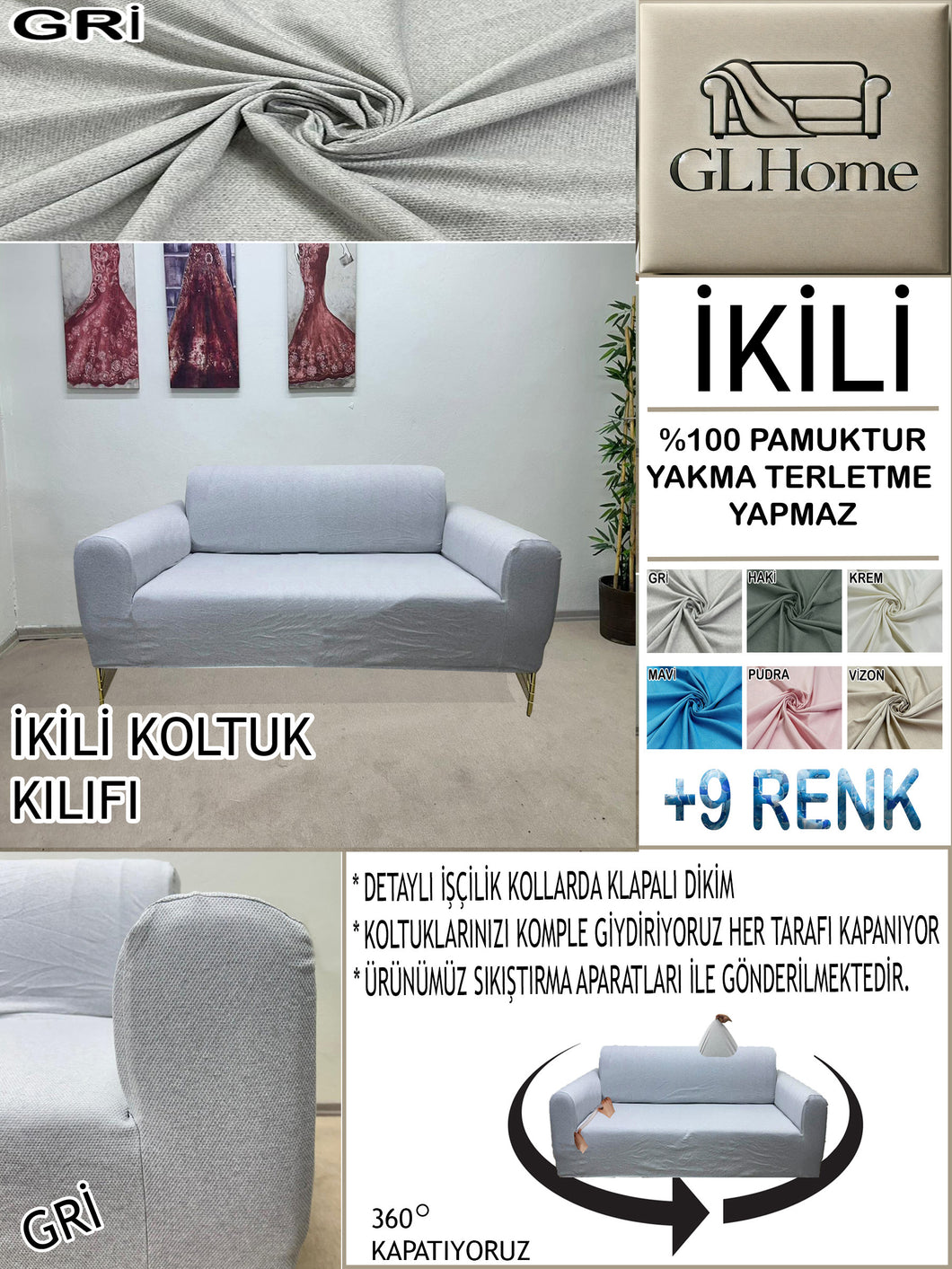 %100 Pamuk Petek Kumaş Gri Çift Kişilik Komple Giydirme 2