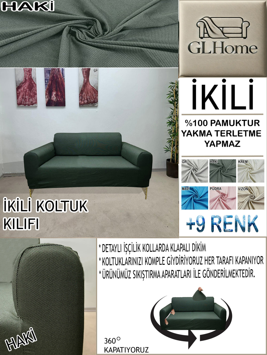 %100 Pamuk Petek Kumaş Haki Çift Kişilik Komple Giydirme 2