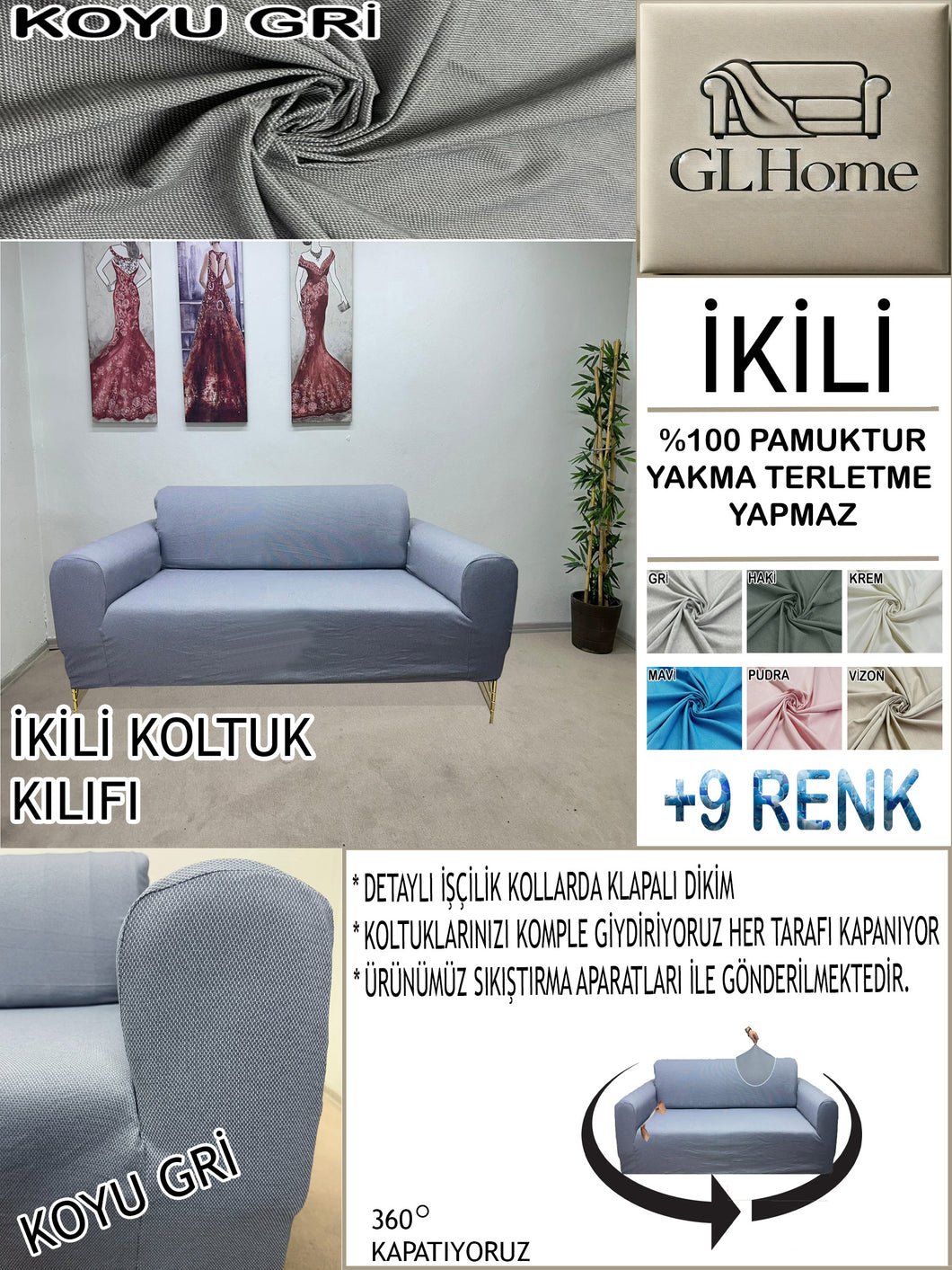 %100 Pamuk Petek Kumaş Koyu Gri Çift Kişilik Komple Giydirme 2