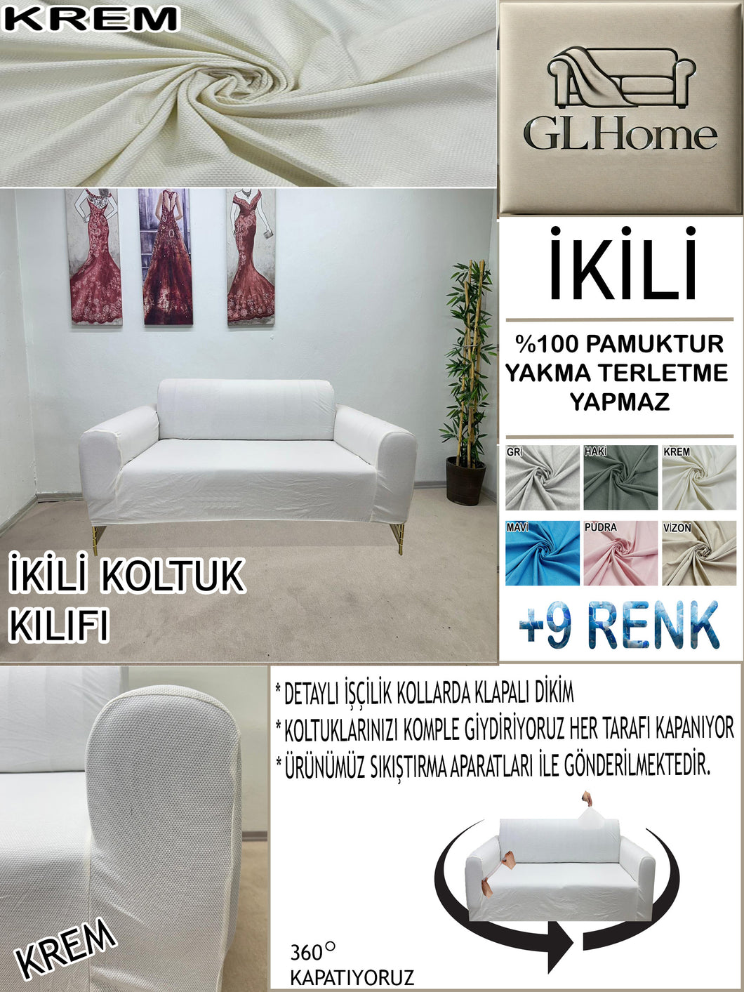 %100 Pamuk Petek Kumaş Krem Çift Kişilik Komple Giydirme 2