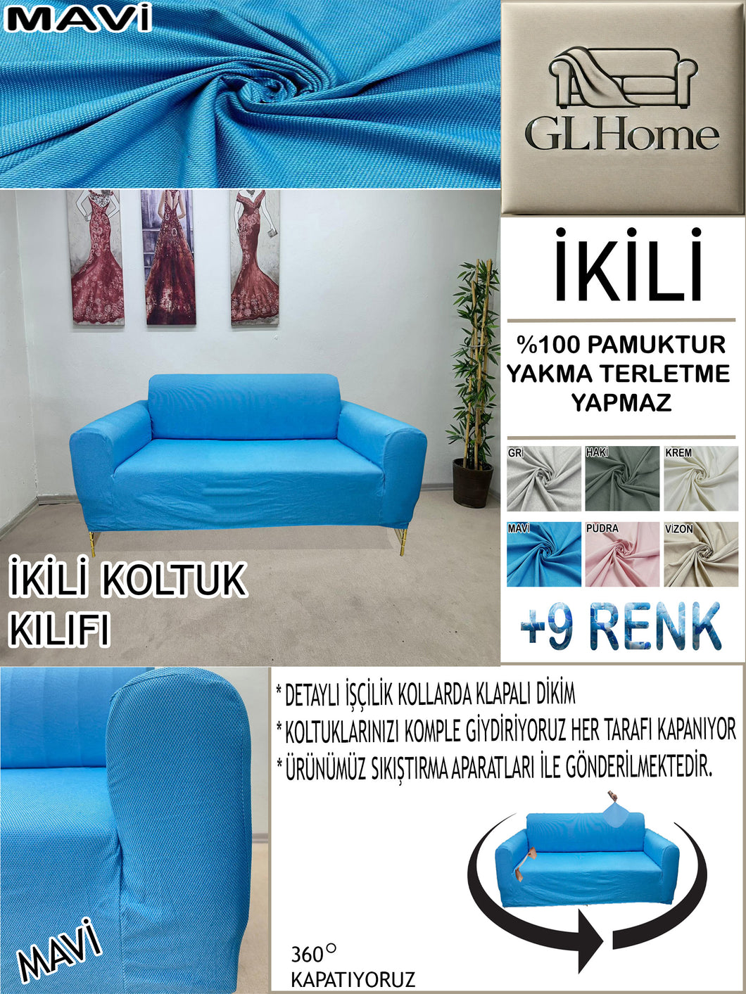 %100 Pamuk Petek Kumaş Mavi Çift Kişilik Komple Giydirme 2