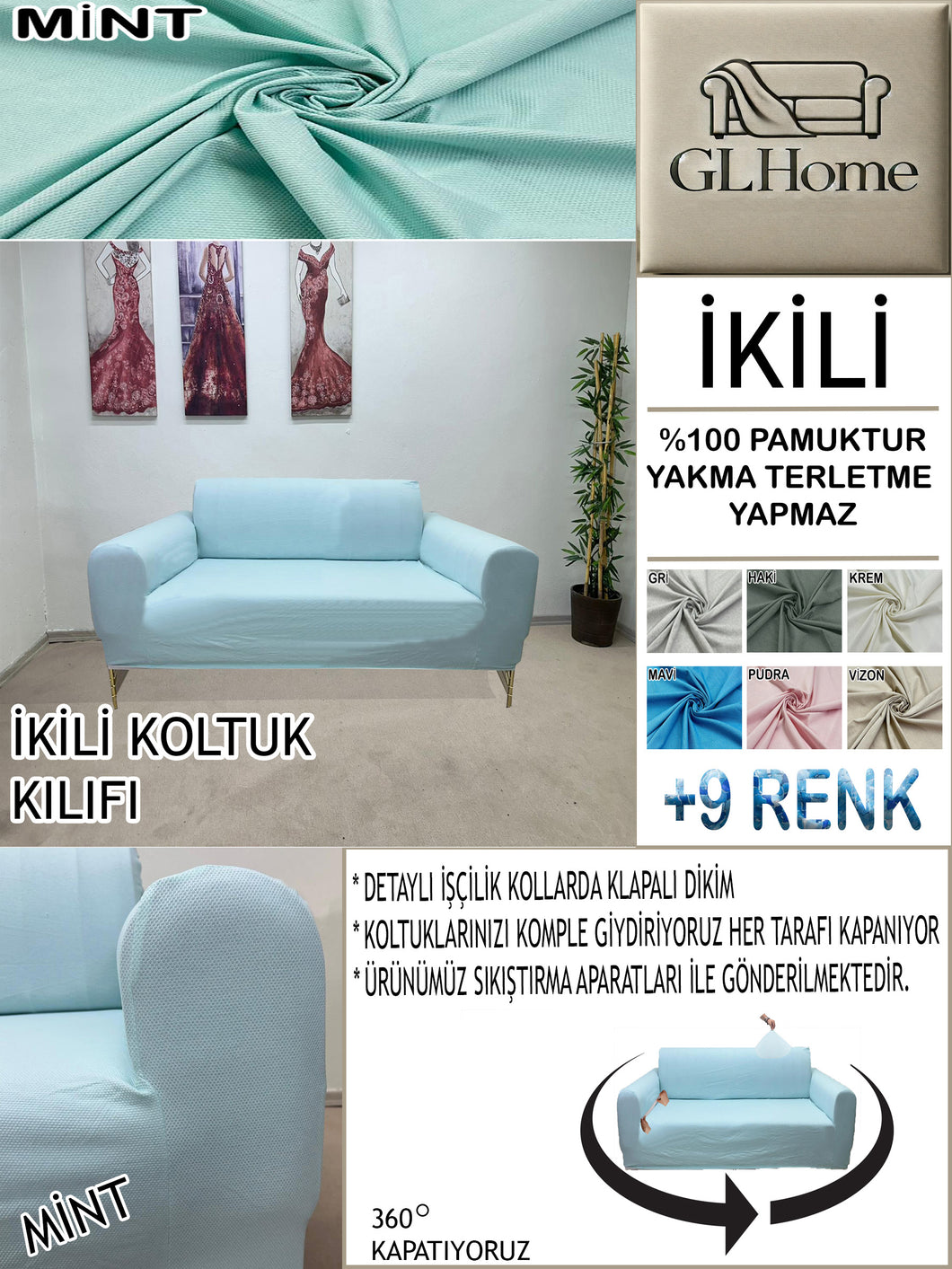 %100 Pamuk Petek Kumaş Mint Çift Kişilik Komple Giydirme 2