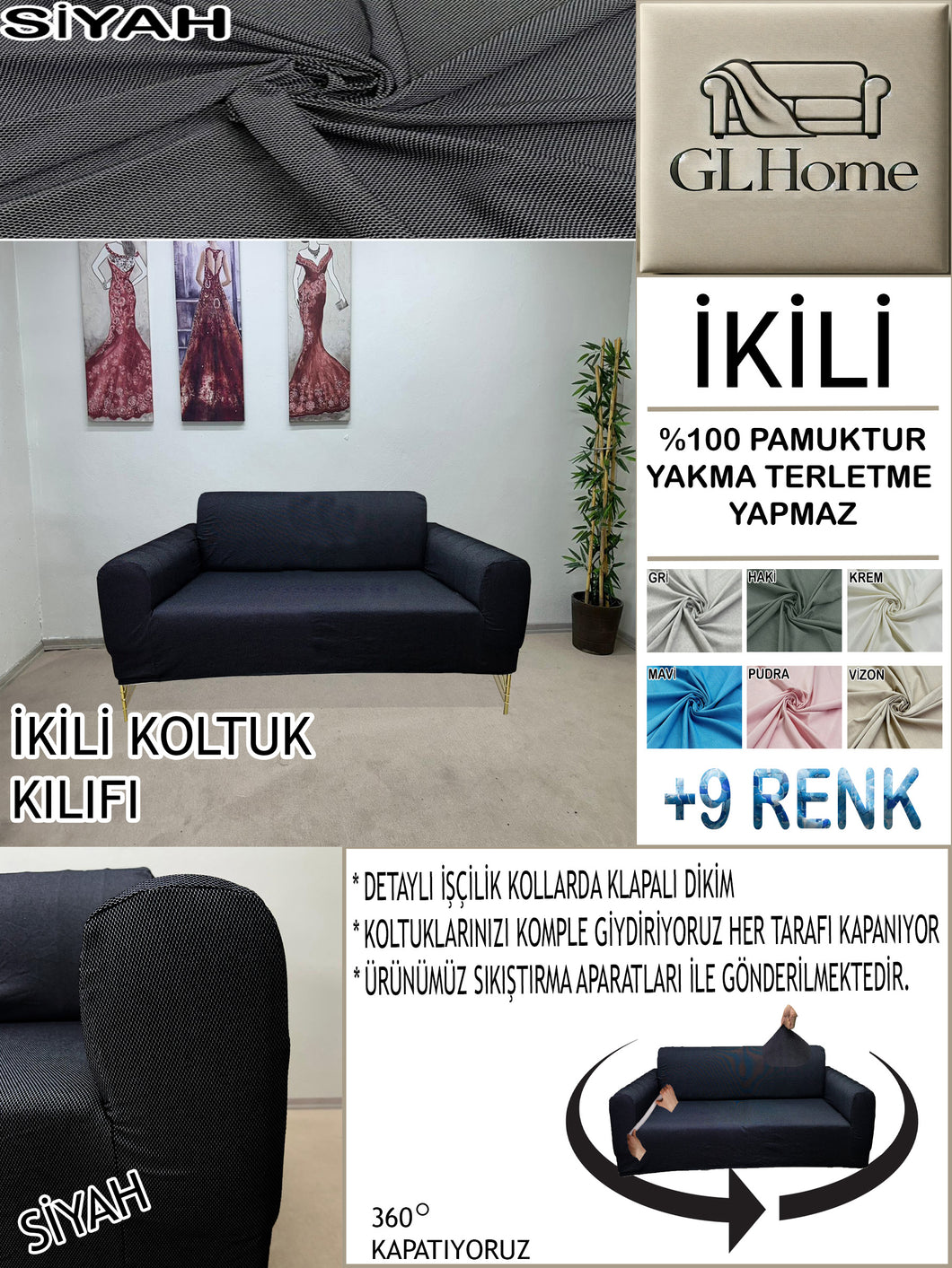 %100 Pamuk Petek Kumaş Siyah Çift Kişilik Komple Giydirme 2