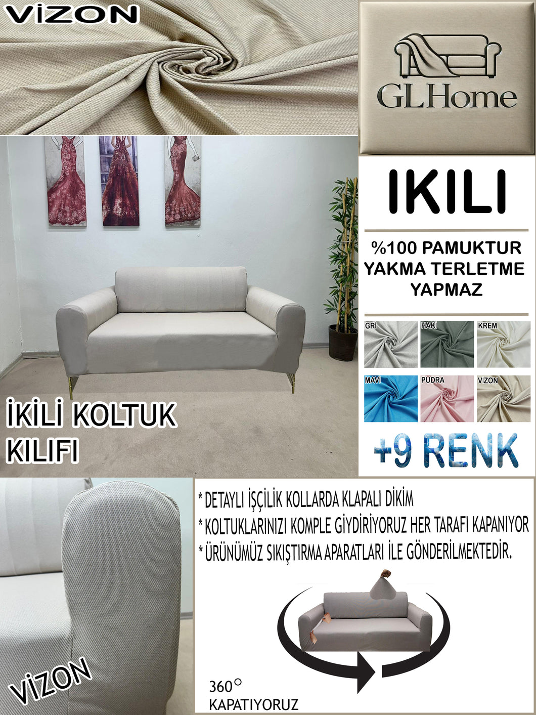 %100 Pamuk Petek Kumaş Vizon Çift Kişilik Komple Giydirme 2