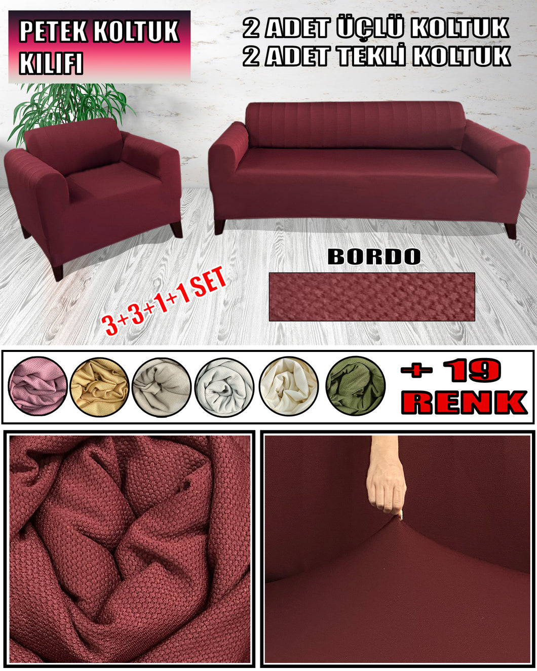 Mikro Petek Kumaş Bordo 3+3+1+1 Set  Komple Giydirme Kanepe & Çekyat, Bohem, vb Model Koltuk Kılıfları
