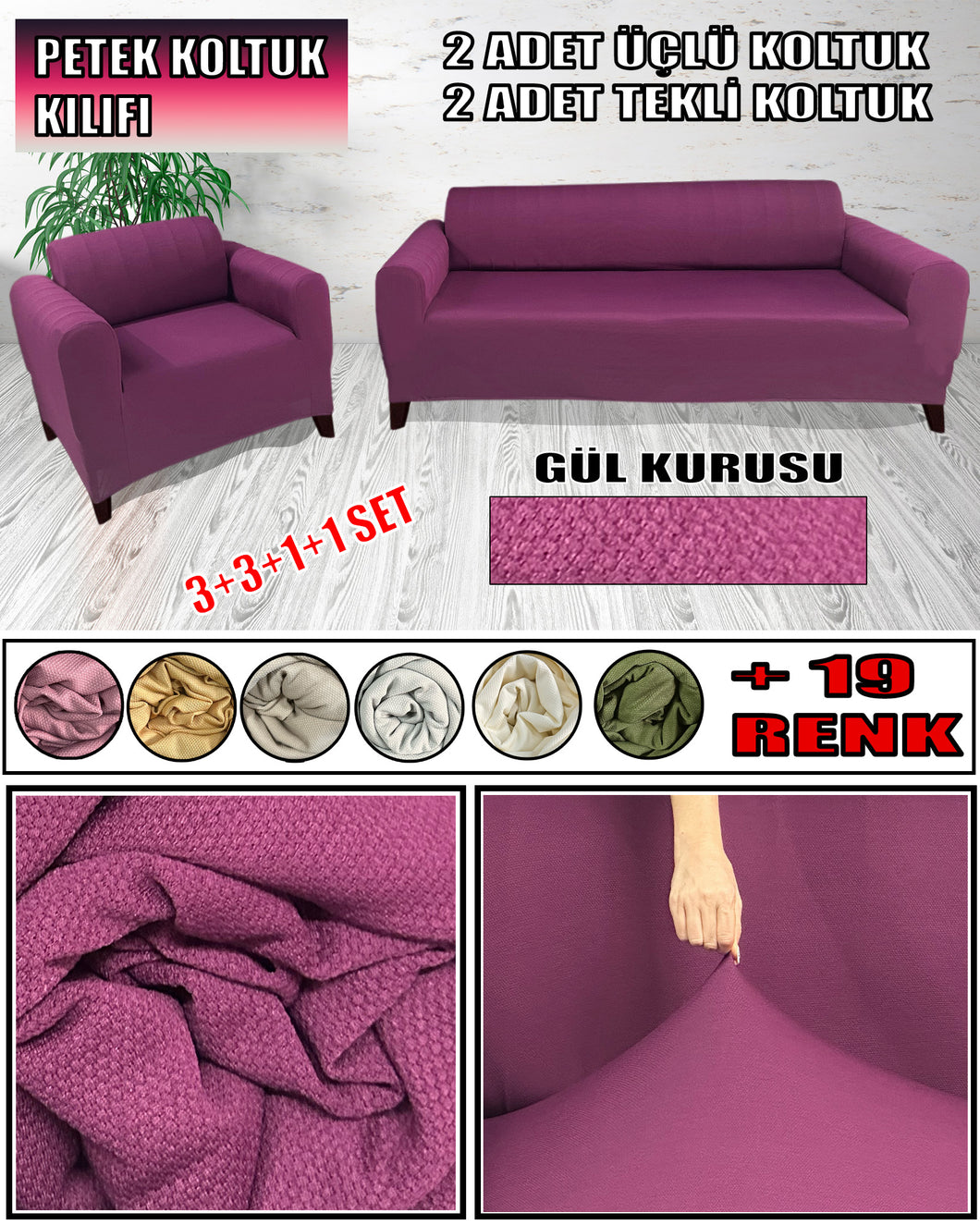 Mikro Petek Kumaş Gül Kurusu 3+3+1+1 Set  Komple Giydirme Kanepe & Çekyat, Bohem, vb Model Koltuk Kılıfları