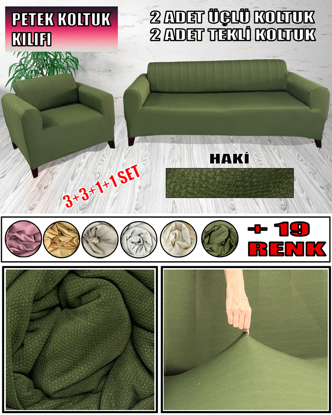 Mikro Petek Kumaş Haki 3+3+1+1 Set  Komple Giydirme Kanepe & Çekyat, Bohem, vb Model Koltuk Kılıfları