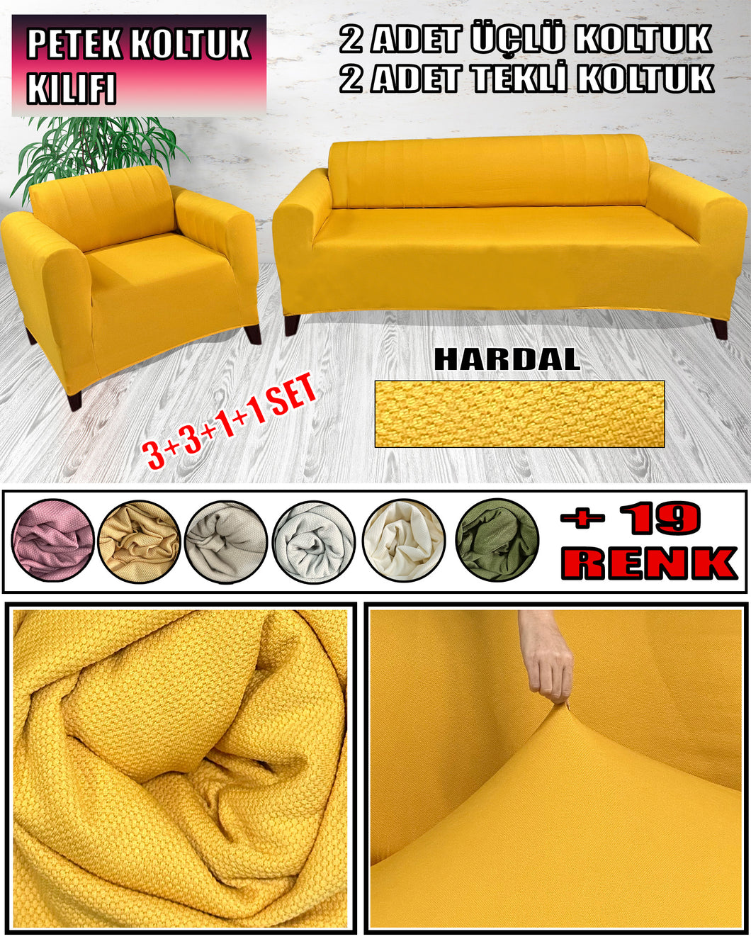 Mikro Petek Kumaş Hardal 3+3+1+1 Set  Komple Giydirme Kanepe & Çekyat, Bohem, vb Model Koltuk Kılıfları