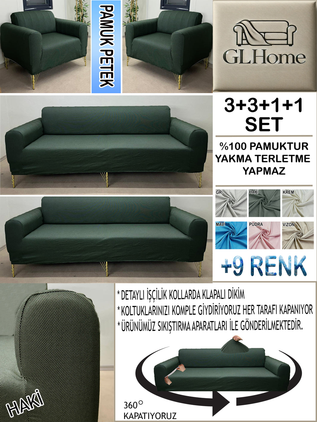 %100 Pamuk Petek Kumaş Haki 3+3+1+1 Set Komple Giydirme Kanepe&Çekyat, Bohem, vb Model Koltuk Kılıfları