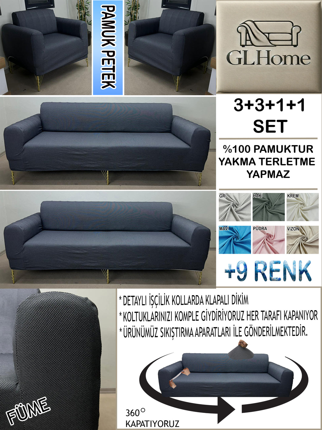 %100 Pamuk Petek Kumaş Füme 3+3+1+1 Set Komple Giydirme Kanepe&Çekyat, Bohem, vb Model Koltuk Kılıfları