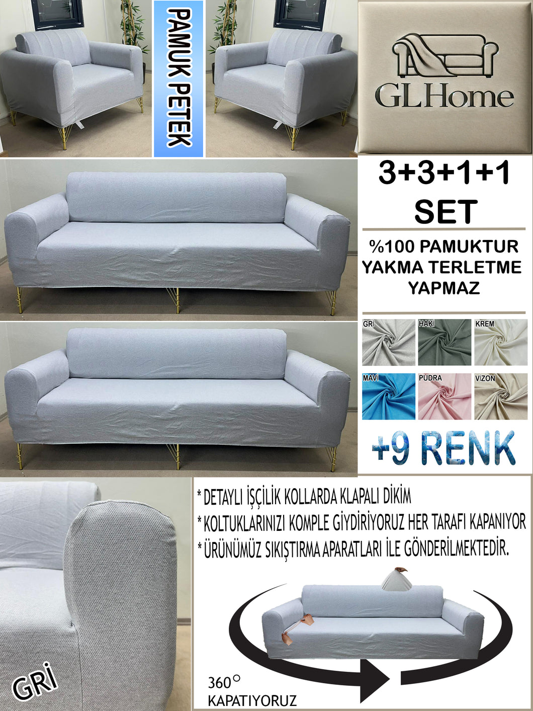 %100 Pamuk Petek Kumaş Gri 3+3+1+1 Set Komple Giydirme Kanepe&Çekyat, Bohem, vb Model Koltuk Kılıfları