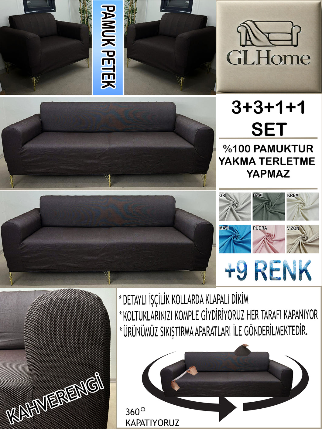 %100 Pamuk Petek Kumaş Kahverengi 3+3+1+1 Set Komple Giydirme Kanepe&Çekyat, Bohem, vb Model Koltuk Kılıfları