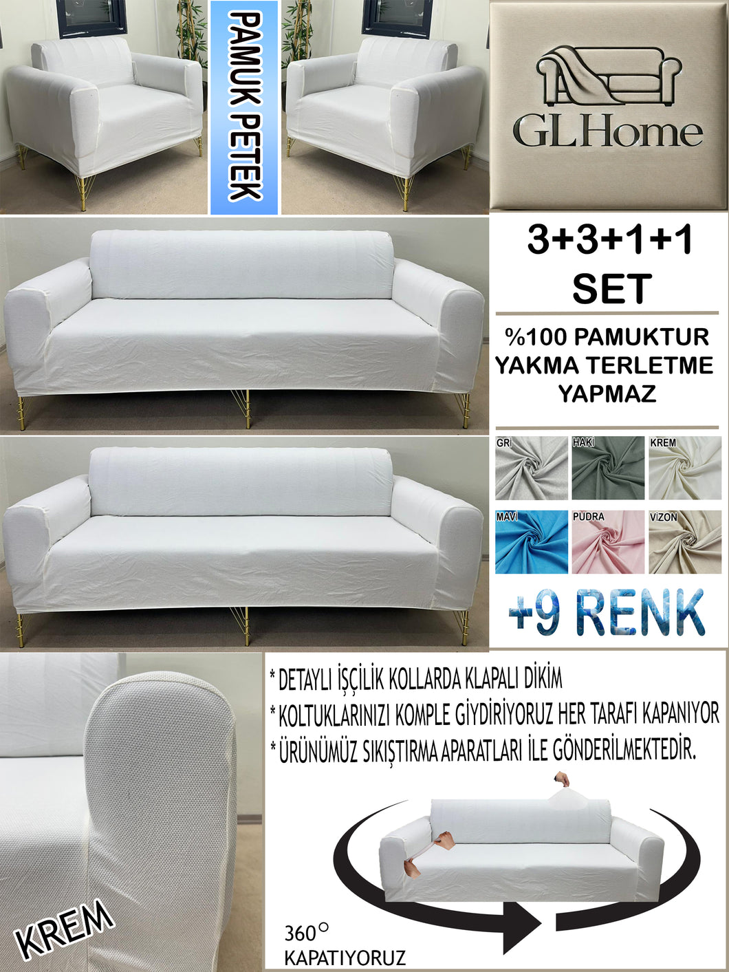 %100 Pamuk Petek Kumaş Krem 3+3+1+1 Set Komple Giydirme Kanepe&Çekyat, Bohem, vb Model Koltuk Kılıfları
