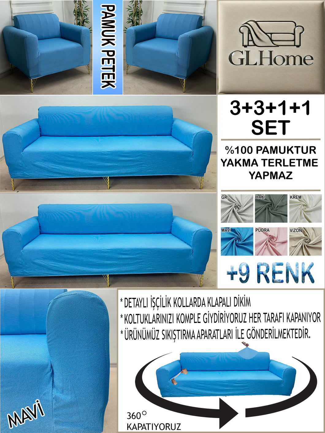 %100 Pamuk Petek Kumaş Mavi 3+3+1+1 Set Komple Giydirme Kanepe&Çekyat, Bohem, vb Model Koltuk Kılıfları