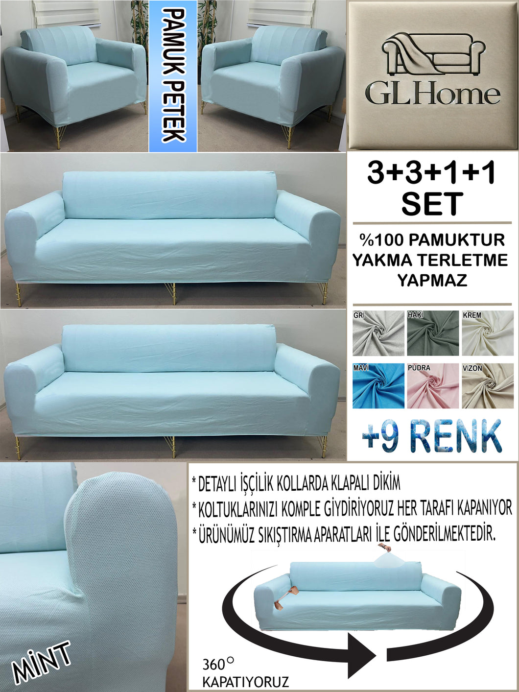 %100 Pamuk Petek Kumaş Mint 3+3+1+1 Set Komple Giydirme Kanepe&Çekyat, Bohem, vb Model Koltuk Kılıfları