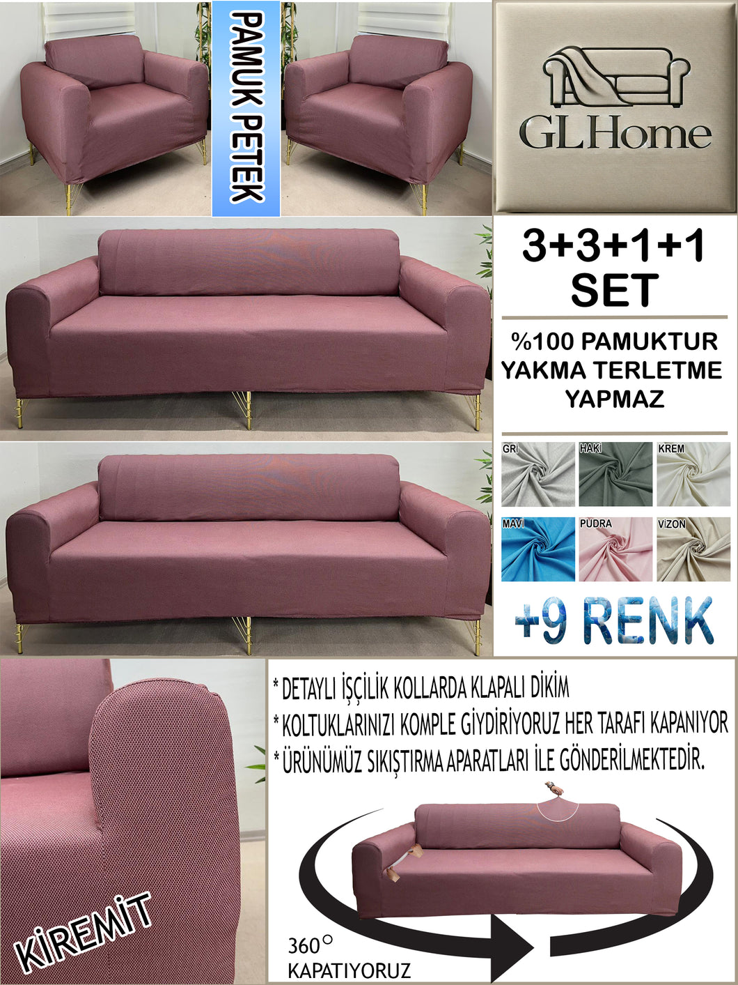 %100 Pamuk Petek Kumaş Kiremit 3+3+1+1 Set Komple Giydirme Kanepe&Çekyat, Bohem, vb Model Koltuk Kılıfları