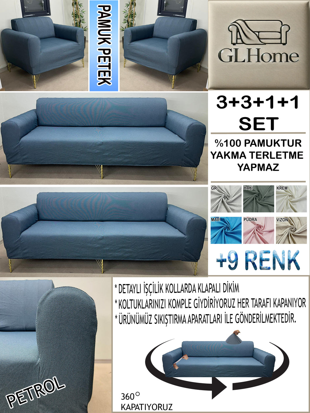 %100 Pamuk Petek Kumaş Petrol 3+3+1+1 Set Komple Giydirme Kanepe&Çekyat, Bohem, vb Model Koltuk Kılıfları