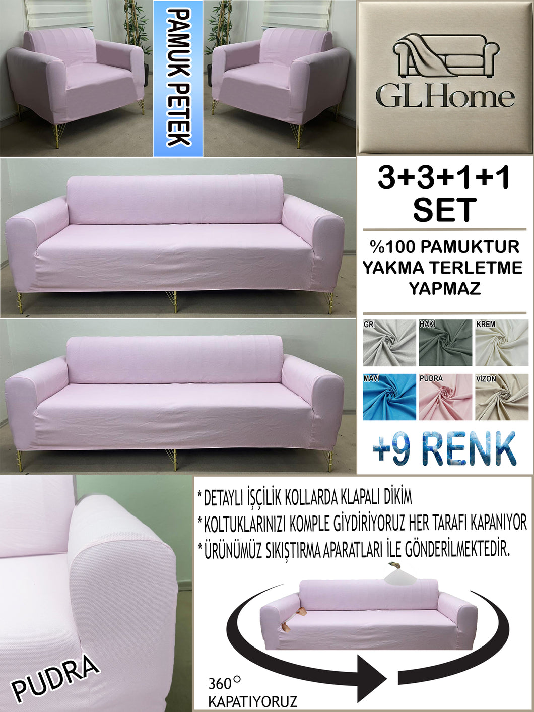 %100 Pamuk Petek Kumaş Pudra 3+3+1+1 Set Komple Giydirme Kanepe&Çekyat, Bohem, vb Model Koltuk Kılıfları