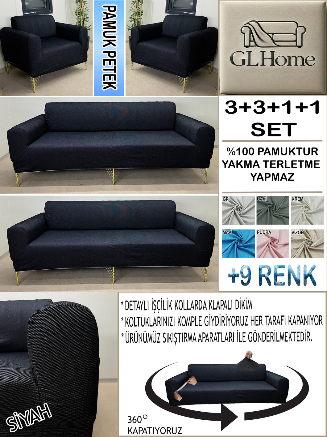 %100 Pamuk Petek Kumaş Siyah 3+3+1+1 Set Komple Giydirme Kanepe&Çekyat, Bohem, vb Model Koltuk Kılıfları