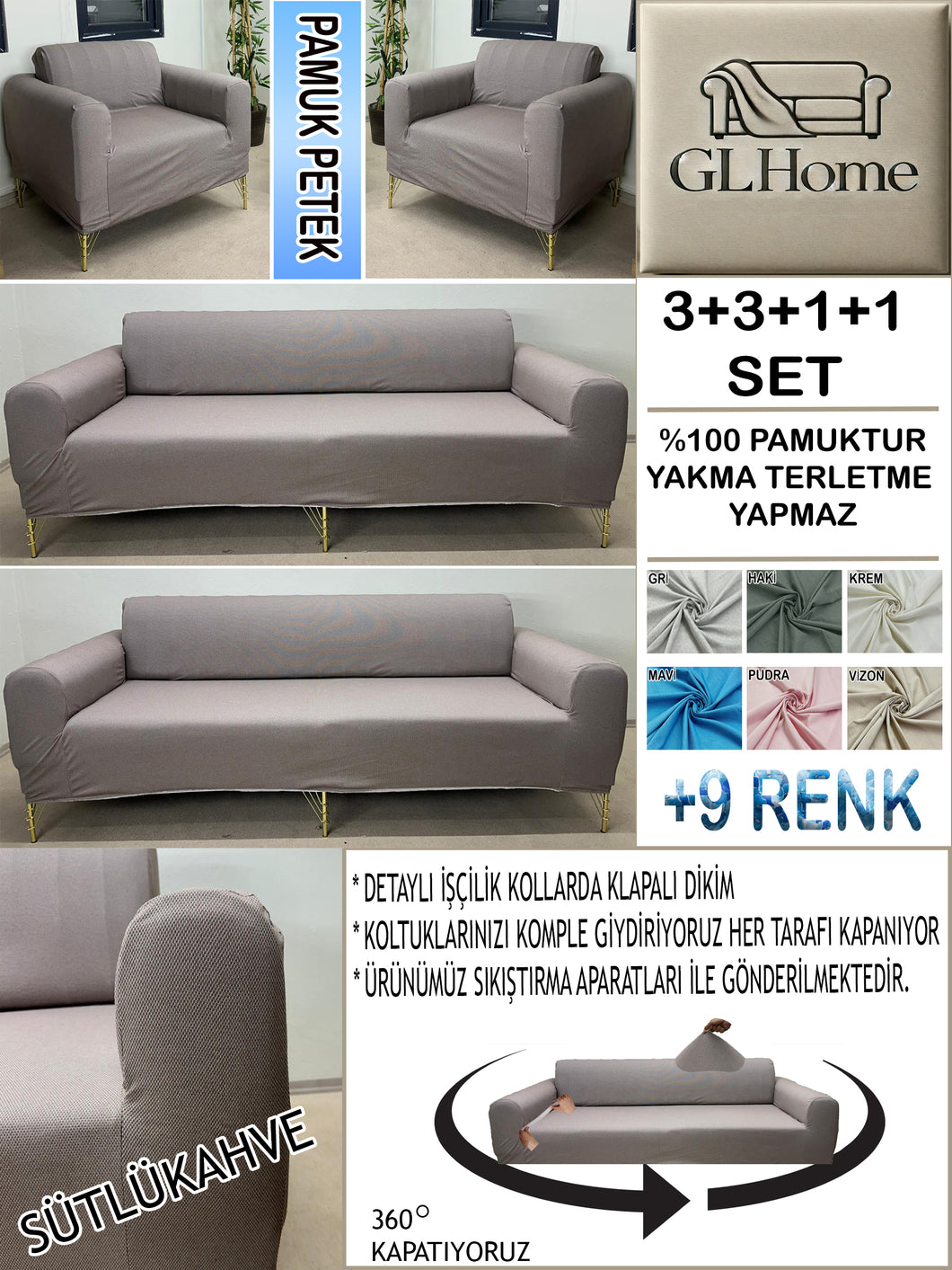 %100 Pamuk Petek Kumaş Sütlü Kahve 3+3+1+1 Set Komple Giydirme Kanepe&Çekyat, Bohem, vb Model Koltuk Kılıfları