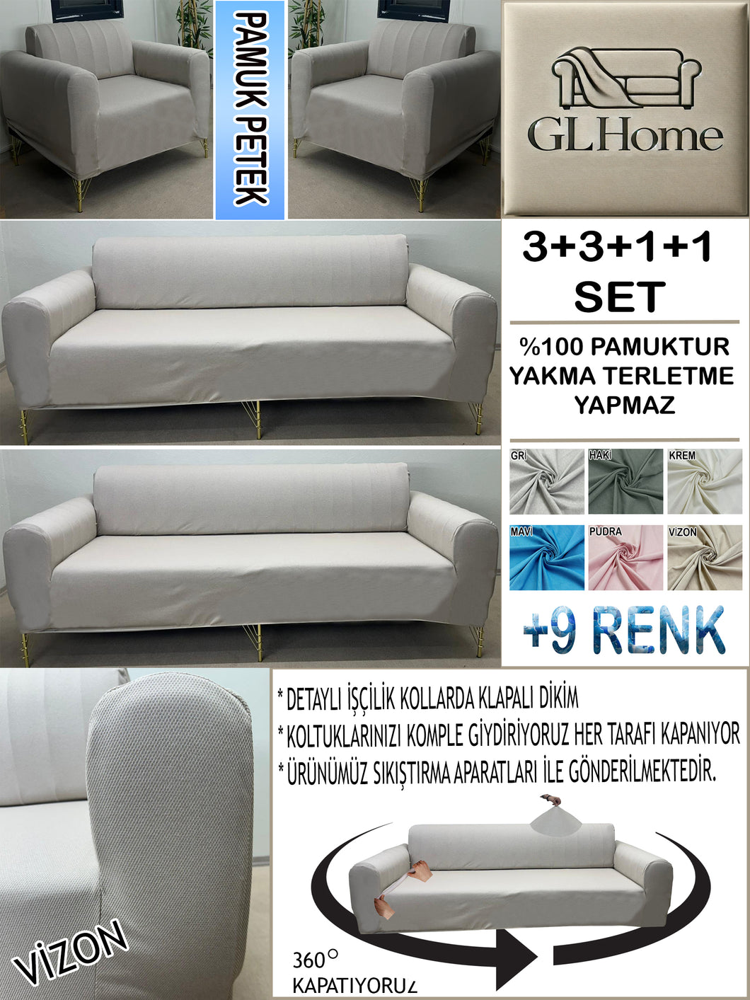 %100 Pamuk Petek Kumaş Vizon 3+3+1+1 Set Komple Giydirme Kanepe&Çekyat, Bohem, vb Model Koltuk Kılıfları