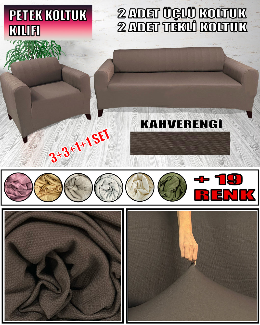 Mikro Petek Kumaş Kahverengi 3+3+1+1 Set  Komple Giydirme Kanepe & Çekyat, Bohem, vb Model Koltuk Kılıfları