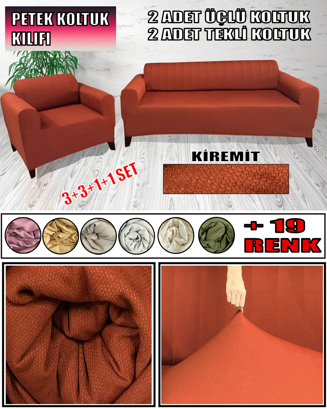 Mikro Petek Kumaş Kiremit 3+3+1+1 Set  Komple Giydirme Kanepe & Çekyat, Bohem, vb Model Koltuk Kılıfları