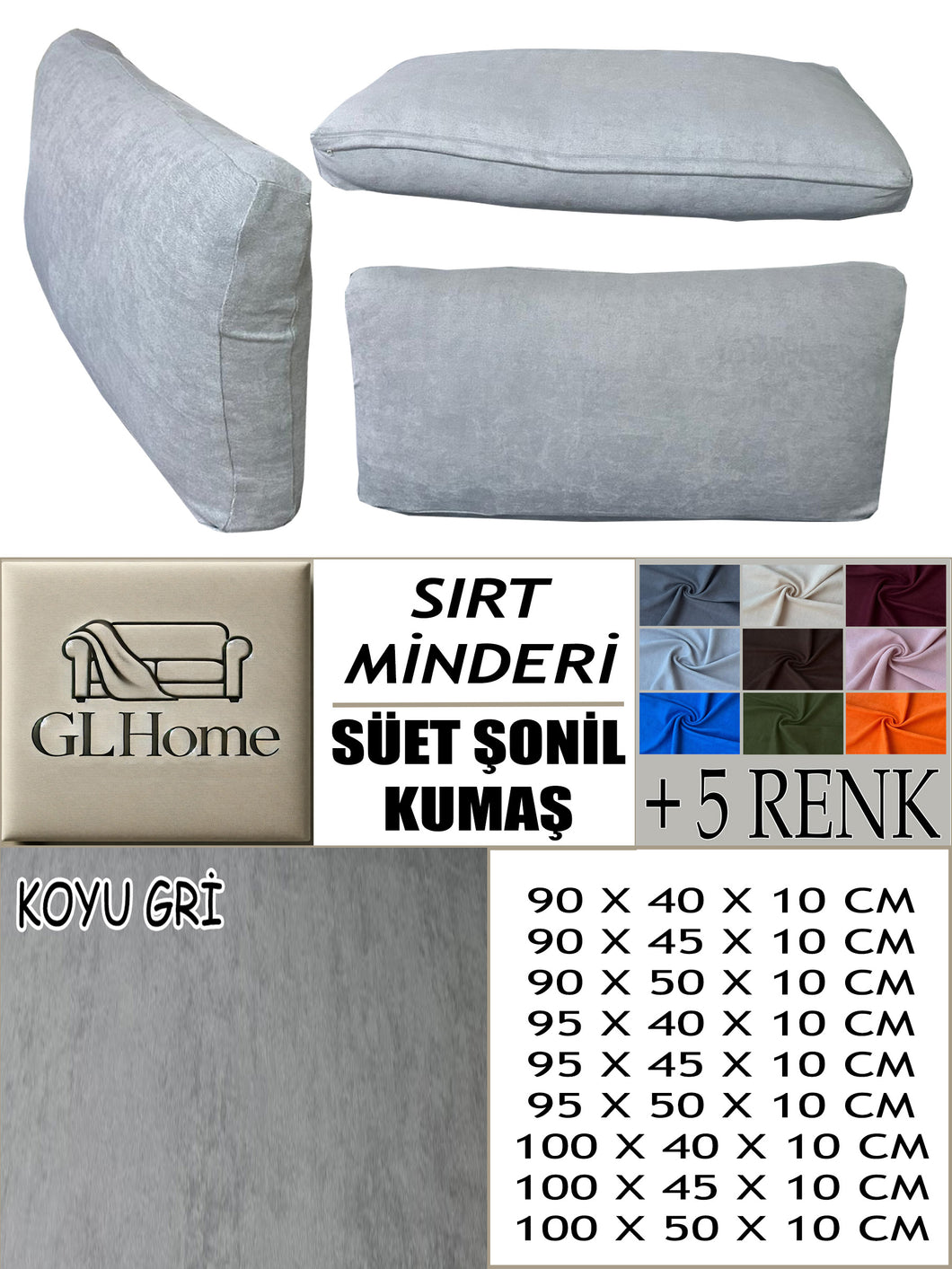 Süet Kumaş Koyu Gri Renk Sırt Minderi