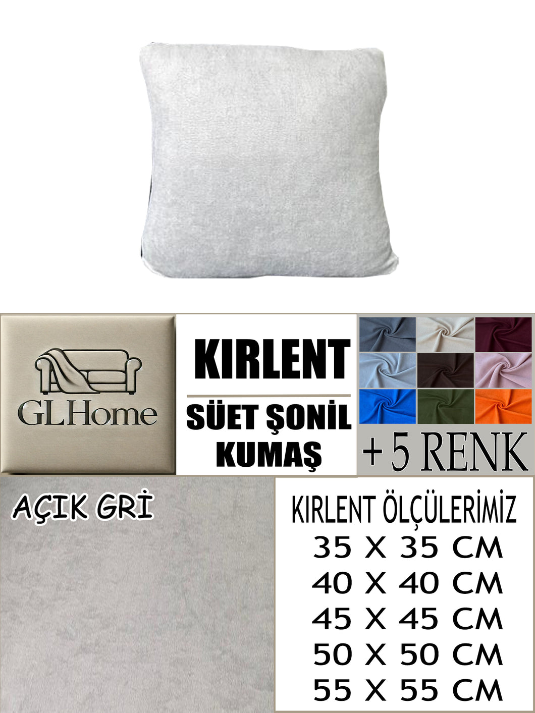 Süet Kumaş Açık Gri Renk Kırlent Kılıfı