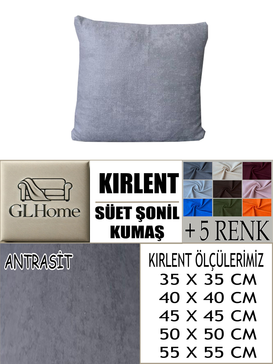 Süet Kumaş Antrasit Renk Kırlent Kılıfı