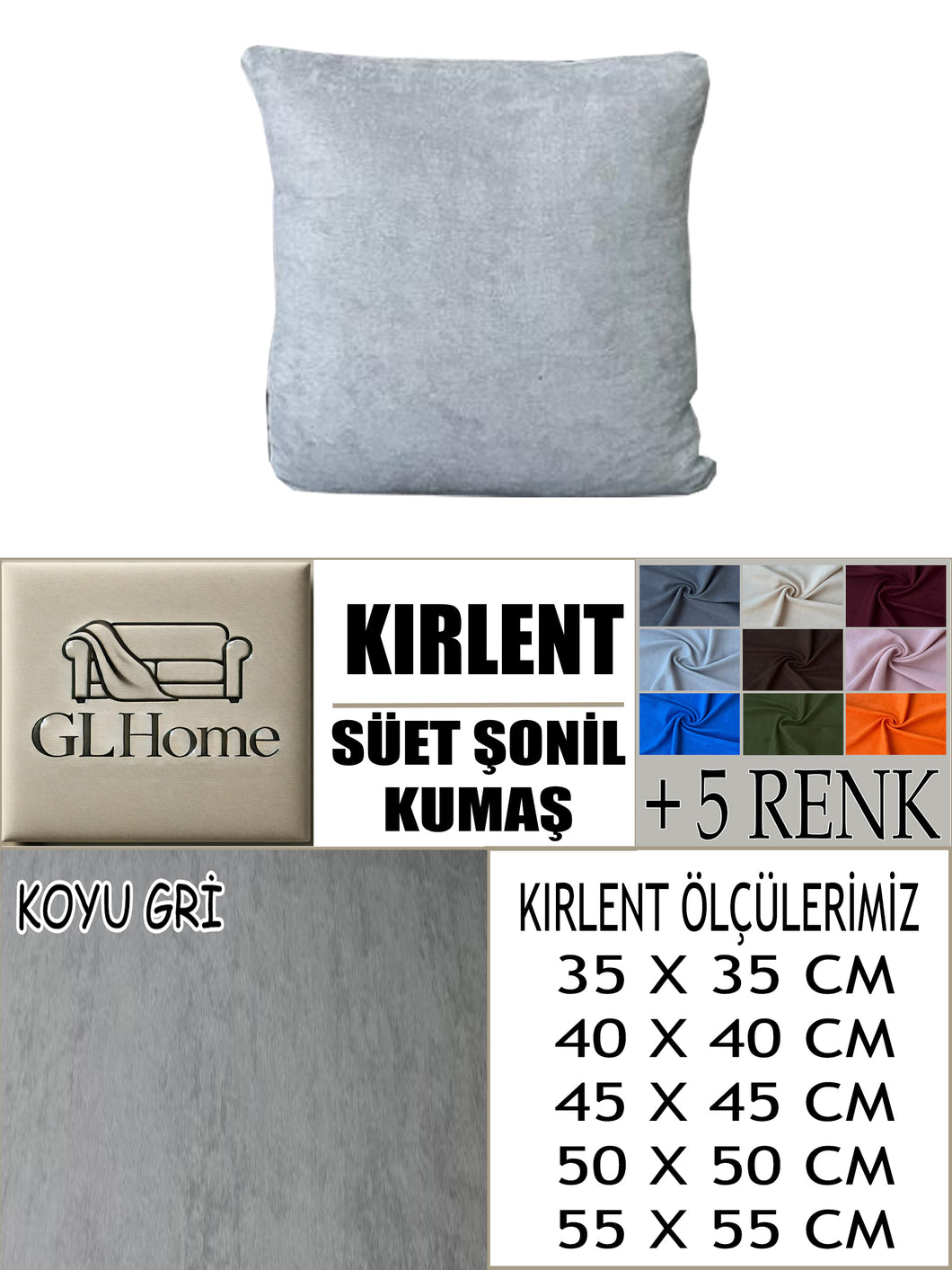 Süet Kumaş Koyu Gri Renk Kırlent Kılıfı