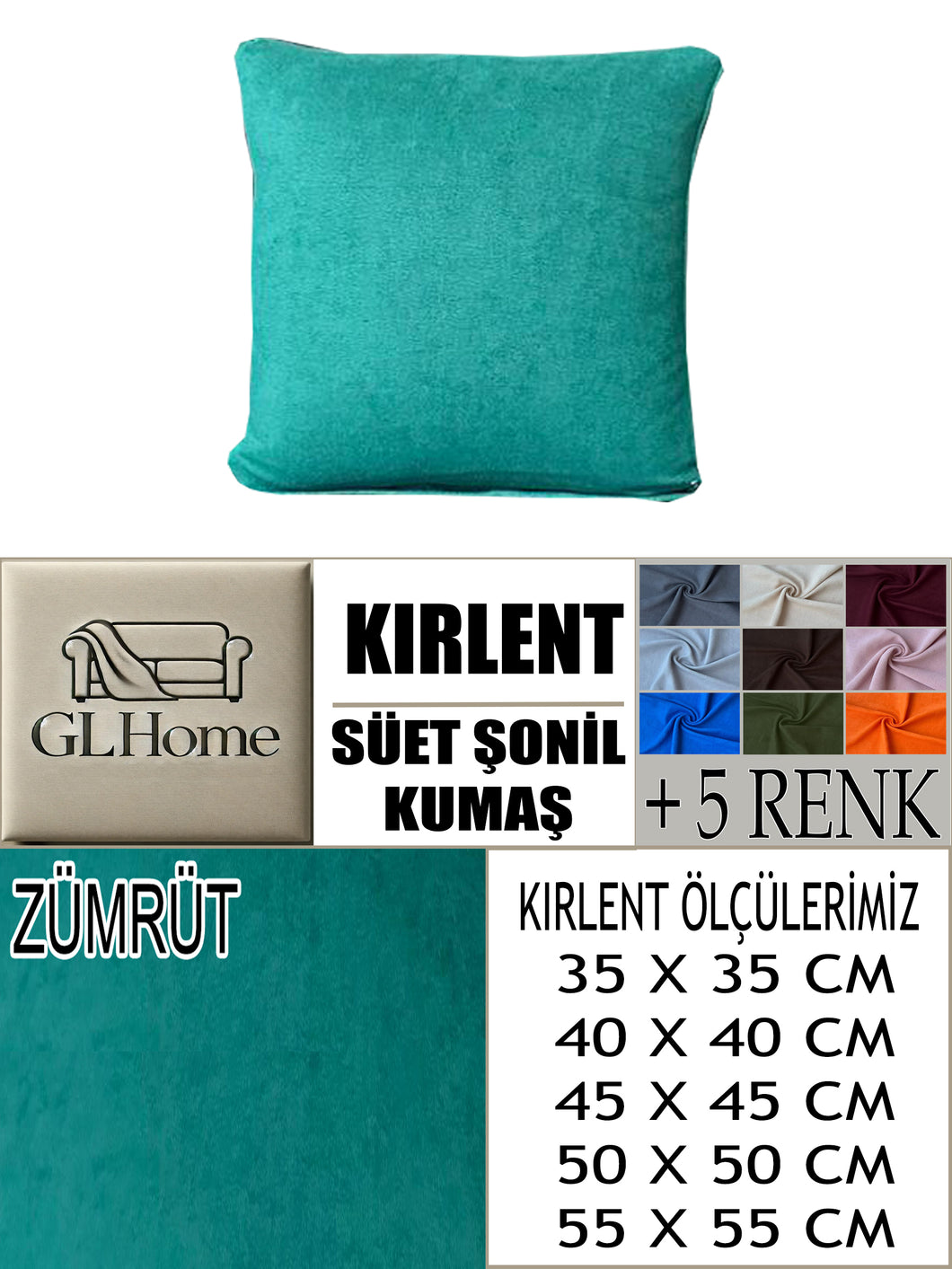 Süet Kumaş Zümrüt Renk Kırlent Kılıfı
