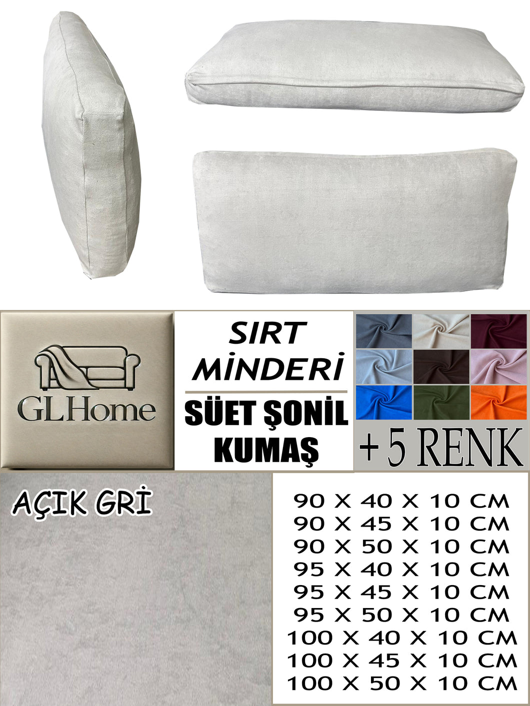 Süet Kumaş Açık Gri Renk Sırt Minderi