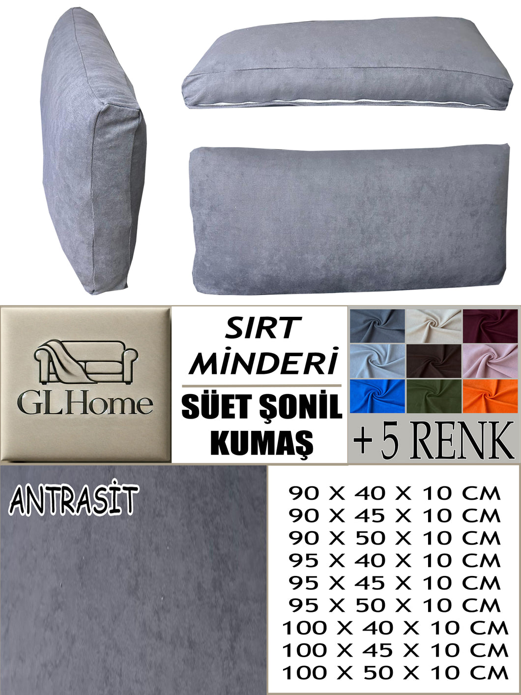 Süet Kumaş Antrasit Renk Sırt Minderi