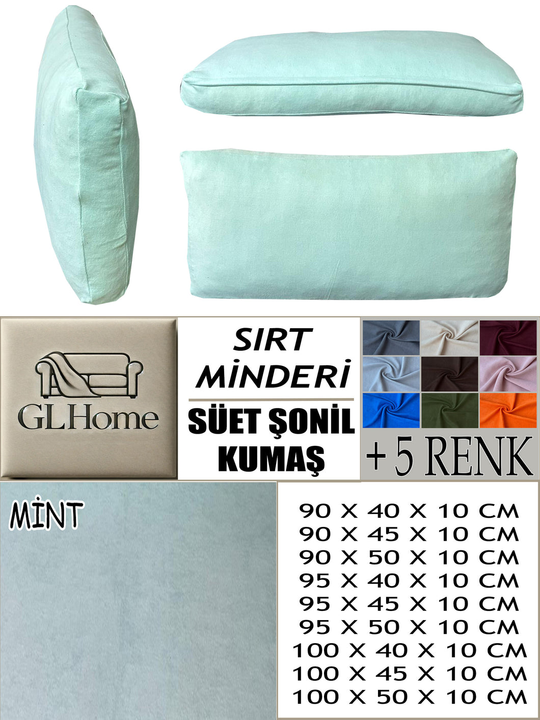 Süet Kumaş Mint Renk Sırt Minderi