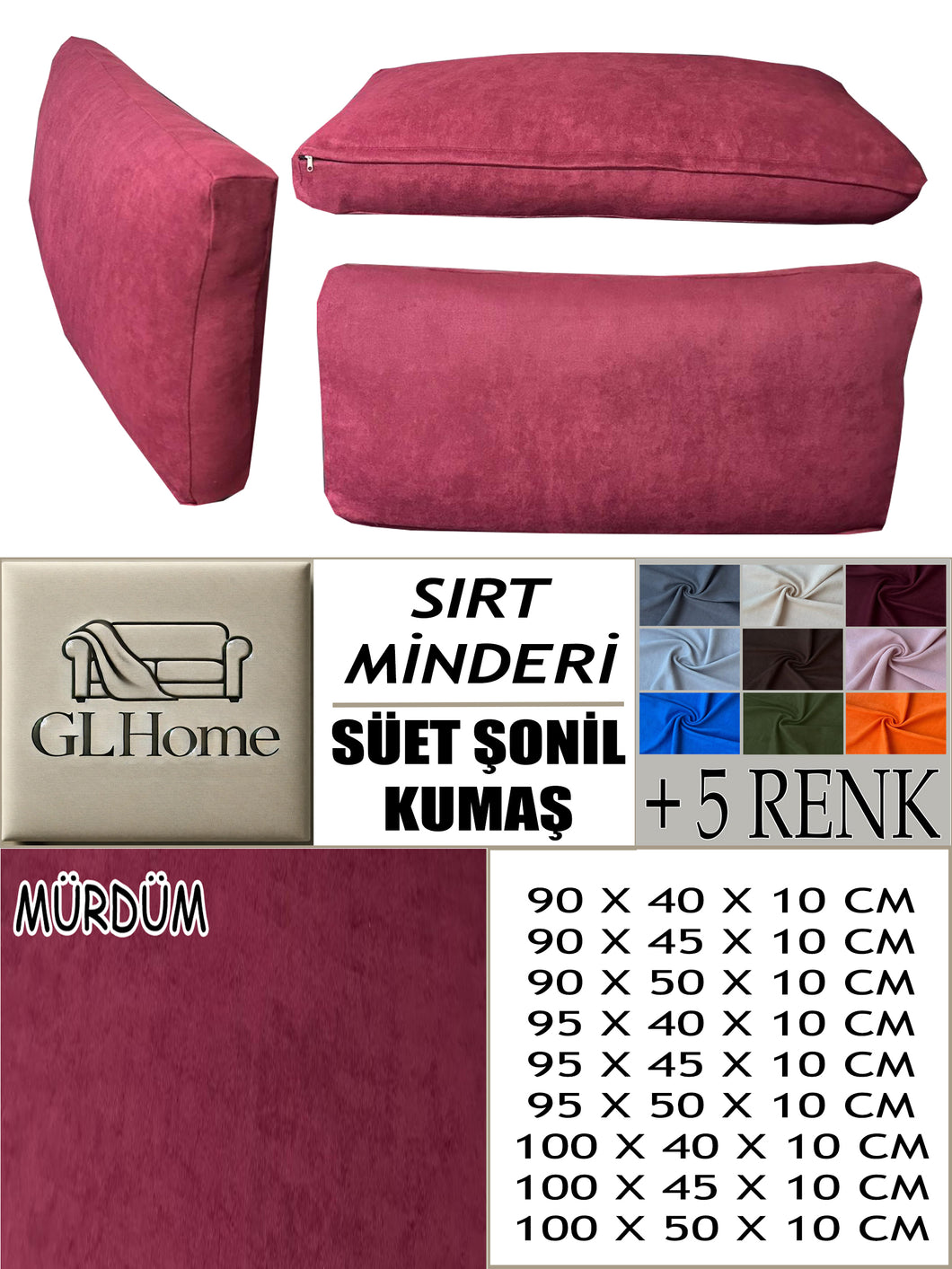 Süet Kumaş Mürdüm Renk Sırt Minderi