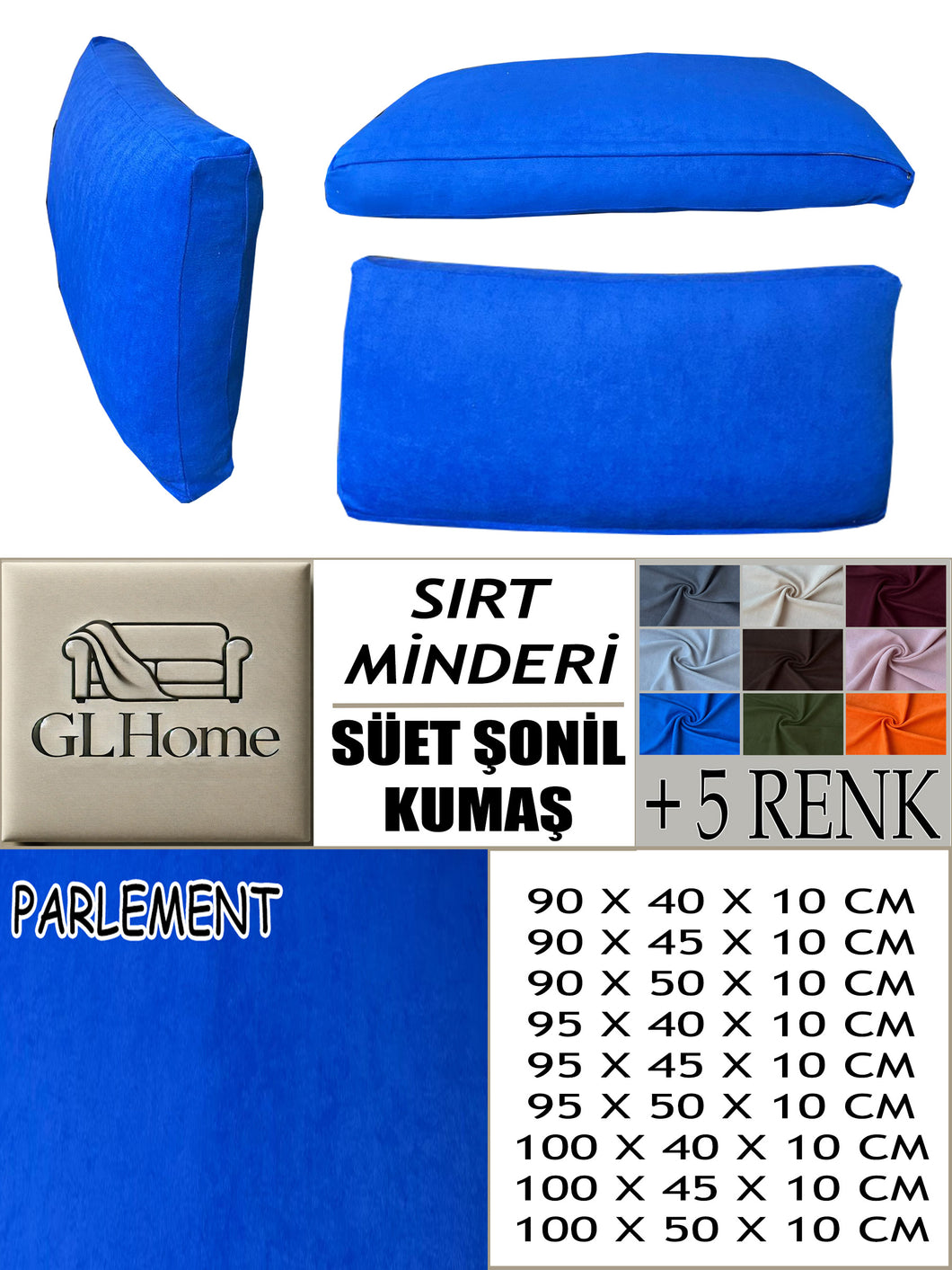 Süet Kumaş Parlement Renk Sırt Minderi