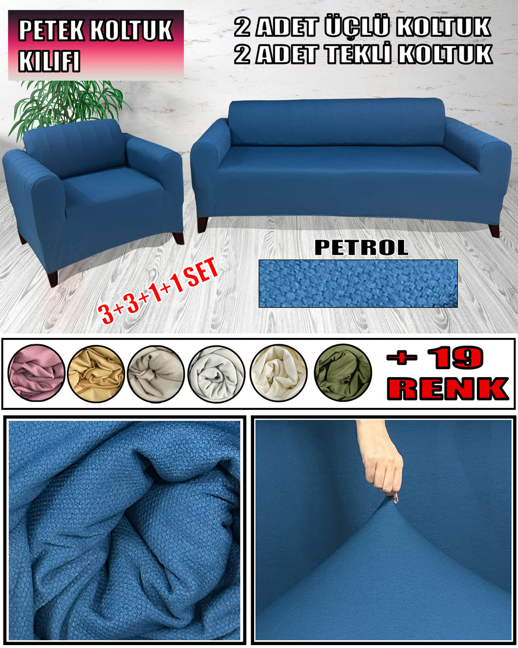 Mikro Petek Kumaş Petrol 3+3+1+1 Set  Komple Giydirme Kanepe & Çekyat, Bohem, vb Model Koltuk Kılıfları