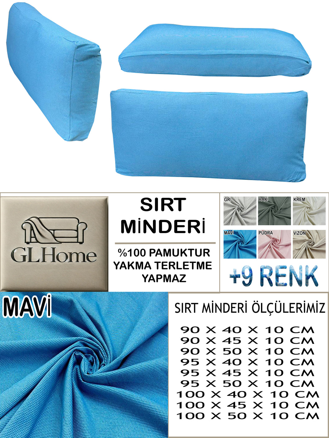 %100 Pamuk Petek Mavi Renk Sırt Minderi