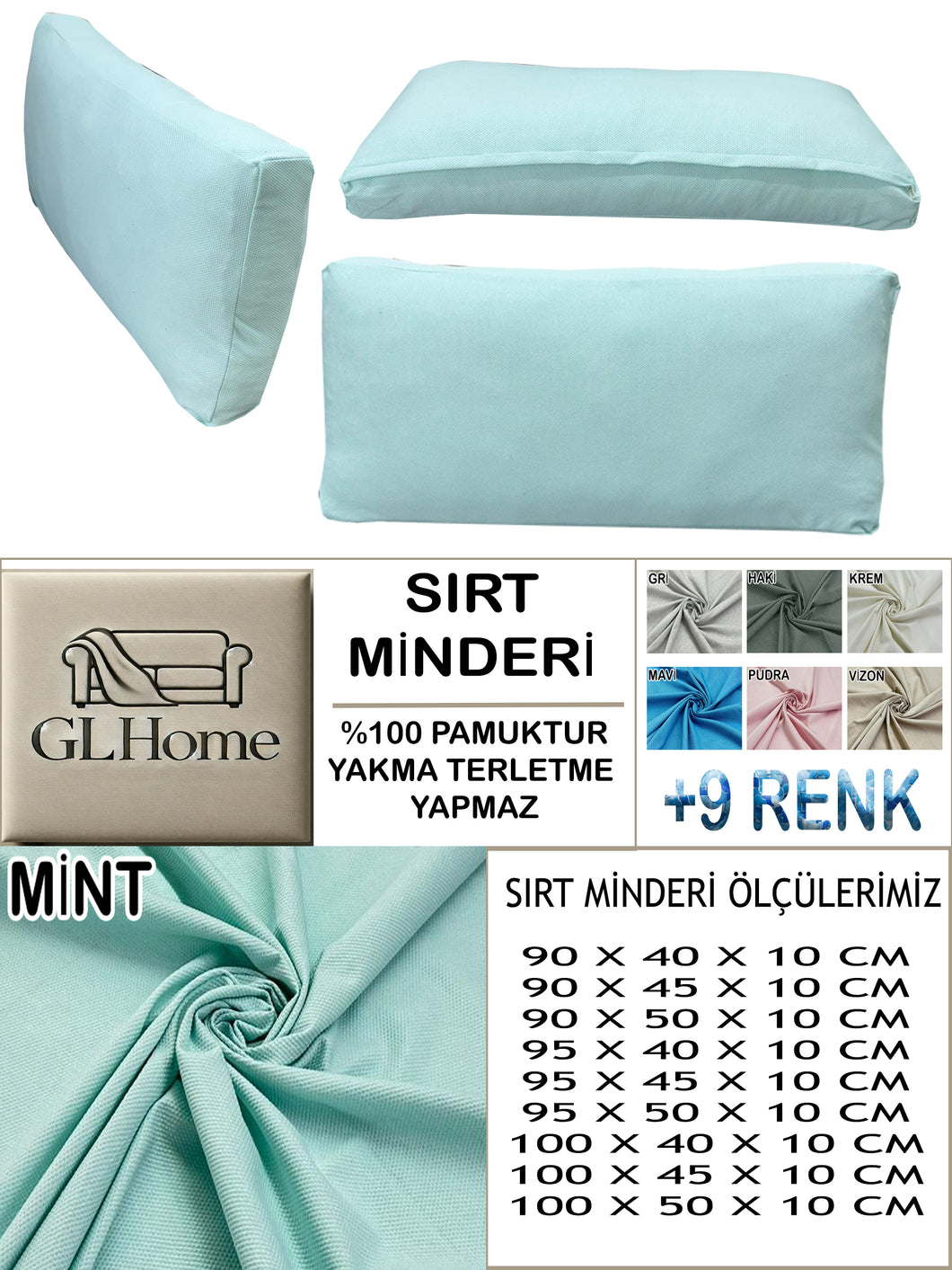 %100 Pamuk Petek Mint Renk Sırt Minderi