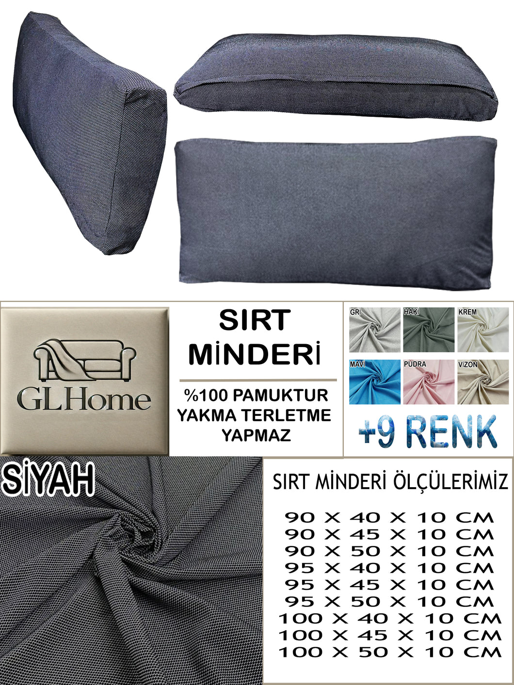 %100 Pamuk Petek Siyah Renk Sırt Minderi